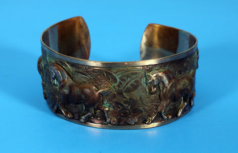 three trotting horses on solid brass hand-crafted cuff finished in an earth patina